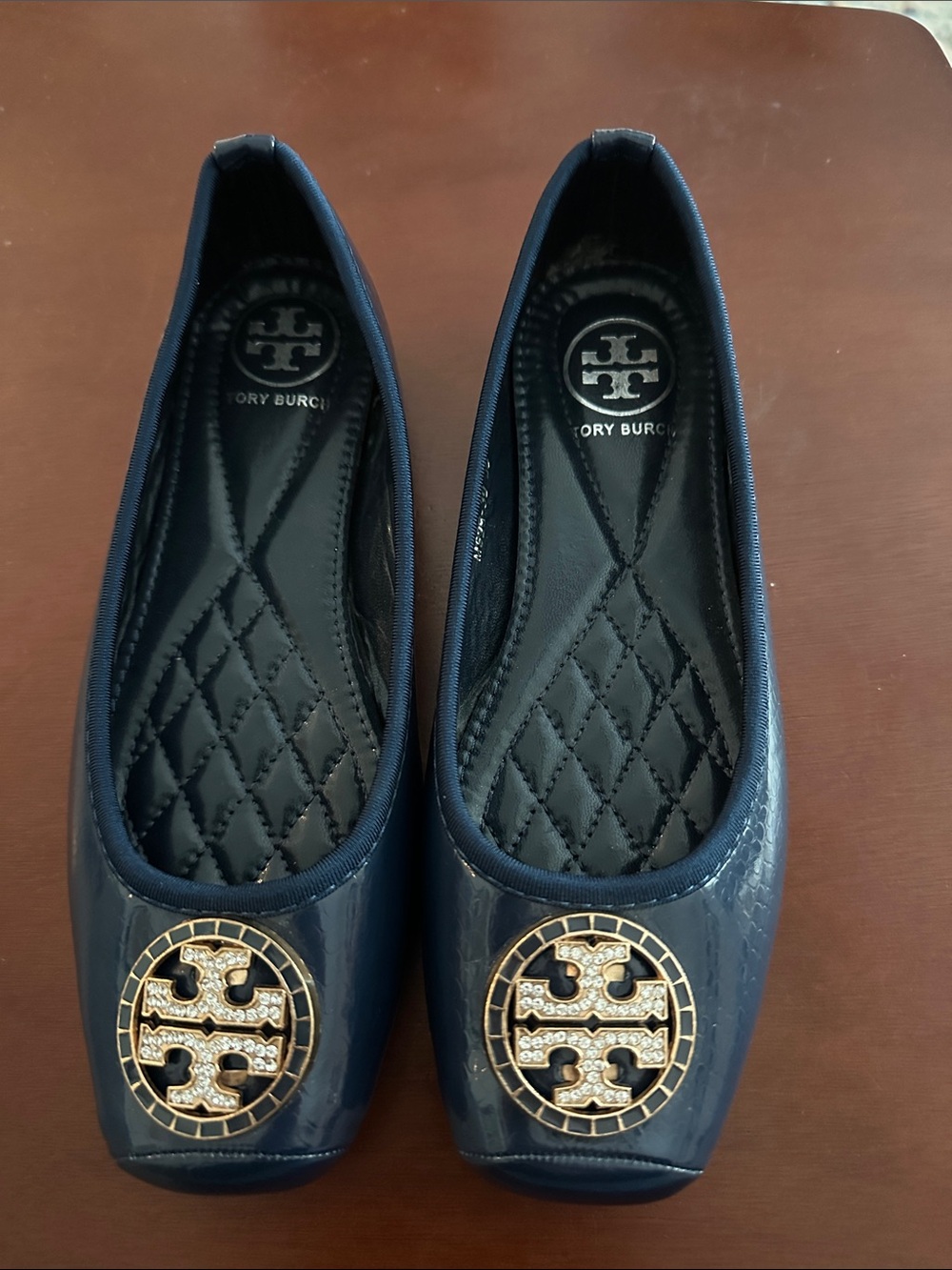 Tory Burch Navy Quilted Logo Ballet Flats with Gold Emblem